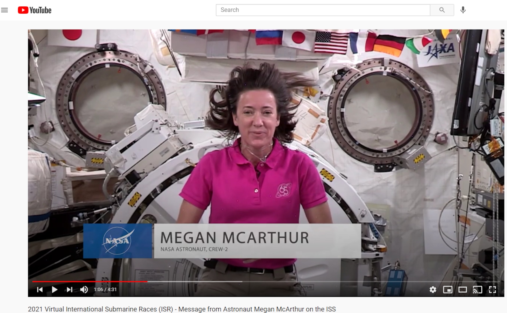 Astronaut Megan McArthur gives a pep talk in a video from the International Space Station to students participating in the 16th International Submarine Races in June 2021.