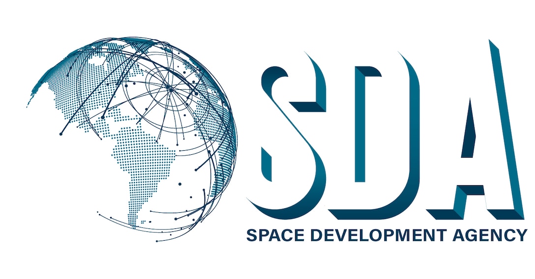 A graphic featuring a stylized globe and text that reads “SDA, Space Development Agency.”
