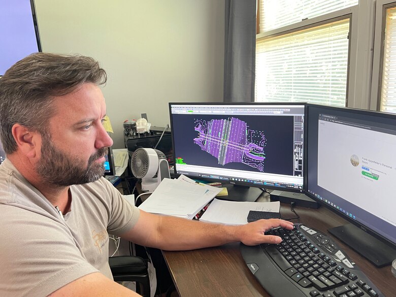 Brian McCain, district surveyor in the Engineering and Construction Division’s Survey and Mapping Section, is the U.S. Army Corps of Engineers Nashville District Employee of the Month for April 2021. He is seen here June 23, 2021 in Nashville, Tennessee, working on a computer aided design (CAD) program in support of a project. (USACE Photo)