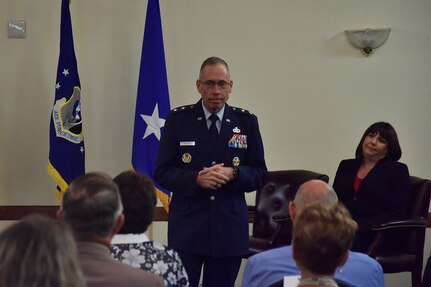Maj. Gen Tom Wilcox, Air Force Installation and Mission Support Center commander, addresses the family and friends of Janeva R. Maxson during her assumption of command ceremony, June 17, 2021 at The Club at Andrews, Joint Base Andrews, Md. Maxson began her career with the Air Force in 1996. (U.S. Air Force photo by Senior Airman Daniel Brosam)