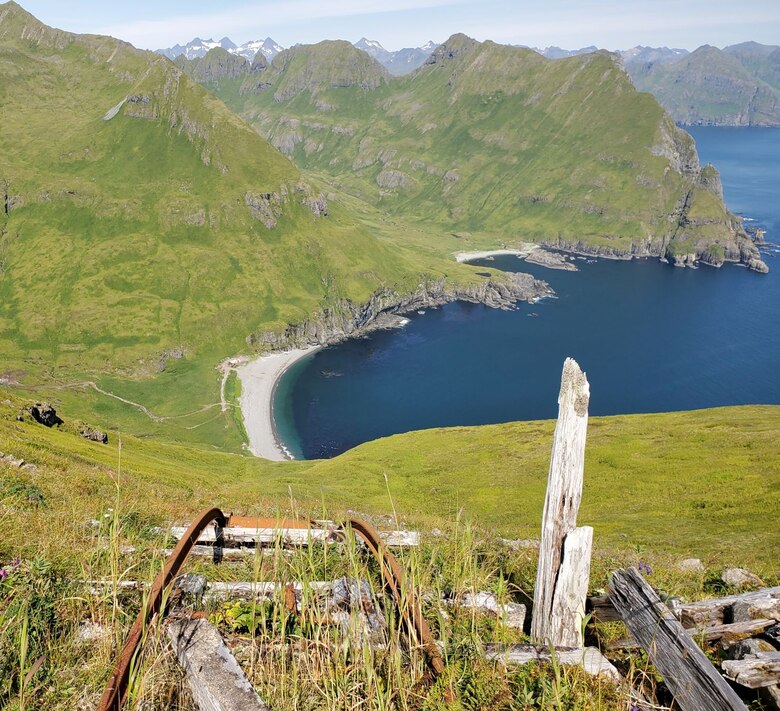 View looking down the tramway from the upper camp to the lower camp at the Cape Prominence Formerly Used Defense Site, an award-winning environmental cleanup project for the U.S. Army Corps of Engineers – Alaska District.