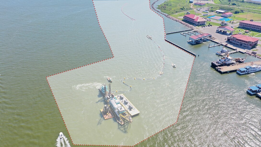 The Orion Marine Group dredge vessel, Emil Kurtz, operates in Galveston Harbor, June 18, 2021. Areas outside the dotted line represent the safe boating distance to maintain around dredging vessels. The Emil Kurtz, is in the process of removing 5,000,000 cubic yards from Galveston Harbor under contract for the U.S. Army Corps of Engineers.