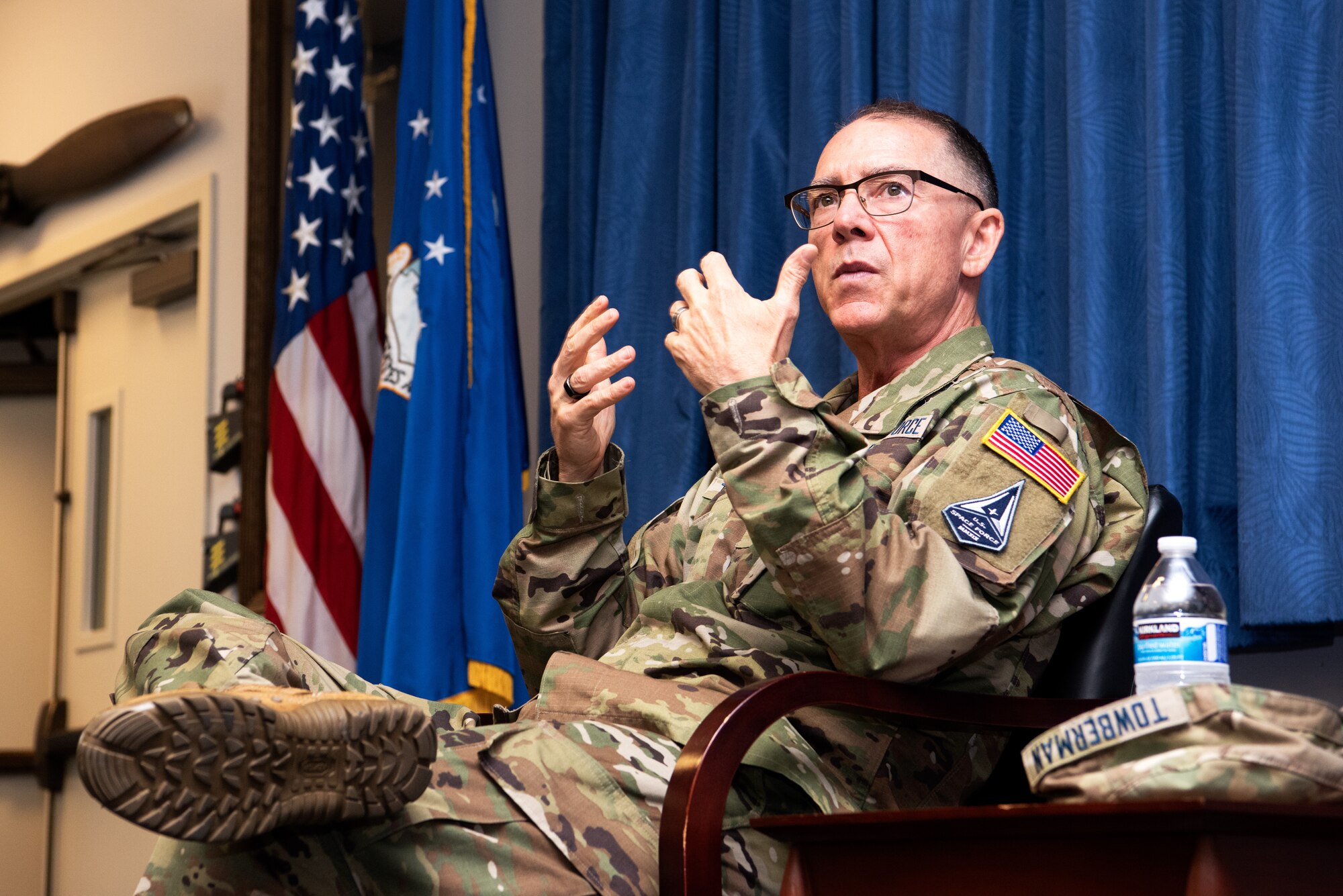 PETERSON AIR FORCE BASE, Colo. – Chief Master Sgt. of the Space Force Roger A. Towberman discusses U.S. Space Force culture with members of the Vosler Non–Commissioned Officer Academy class at Peterson Air Force Base, Colorado, June 22, 2021. NCOA is the second level of enlisted professional military education and prepares technical sergeants to be professional, war-fighting Airmen and Guardians who manage and lead units in the employment of Air and Space power. (U.S. Space Force photo by Airman 1st Class Joshua Fontenot)