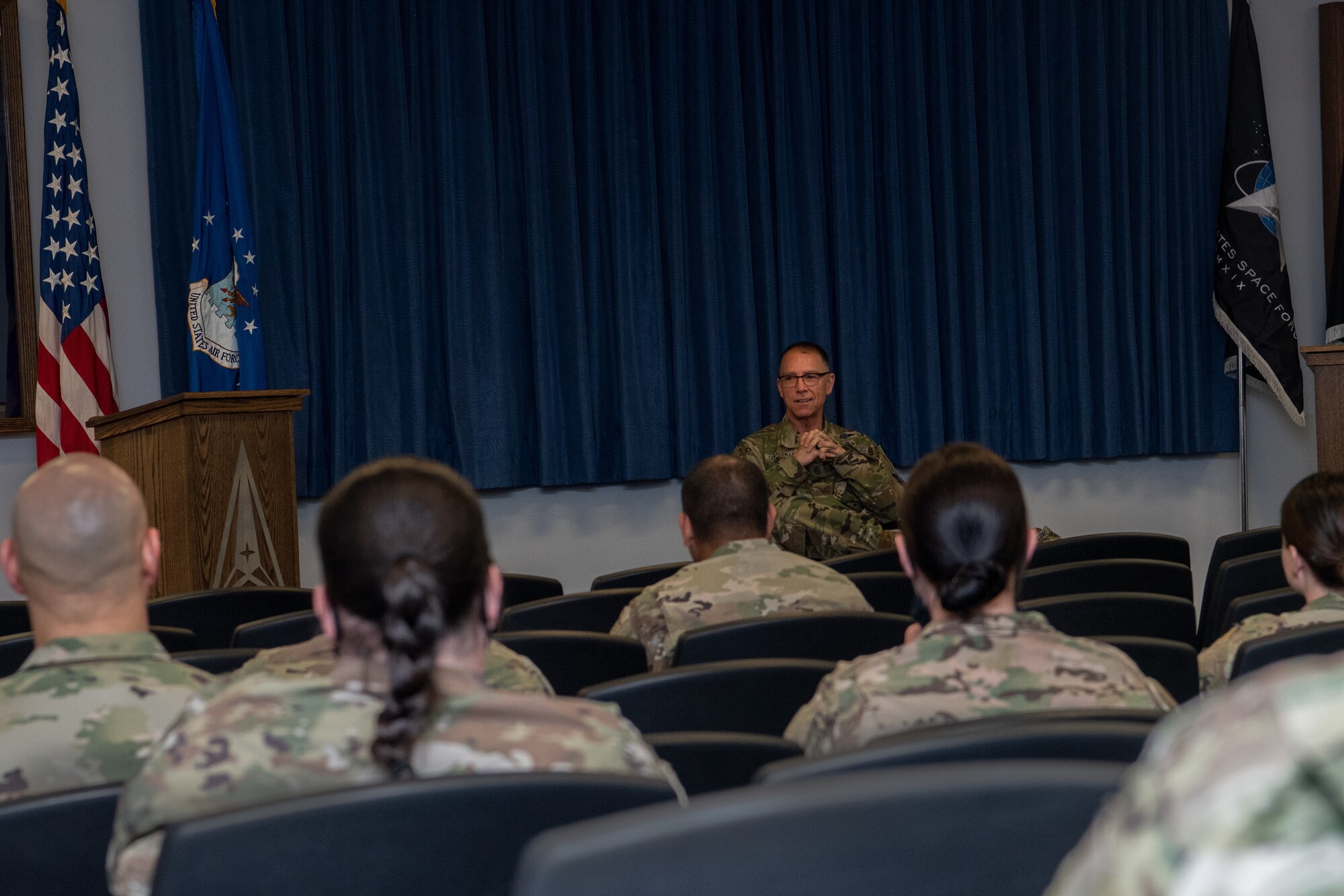 Chief Master Sgt. of the Space Force Roger A. Towberman, explains the U.S. Space Force culture with members of the Vosler Non–Commissioned Officer Academy class at Peterson Air Force Base, Colorado, June 22, 2021. The goal of the NCOA program is to provide the best academic program possible by instilling relevant and solution-focused leadership attributes to enhance military organizations. (U.S. Space Force photo by Airman 1st Class Joshua Fontenot)