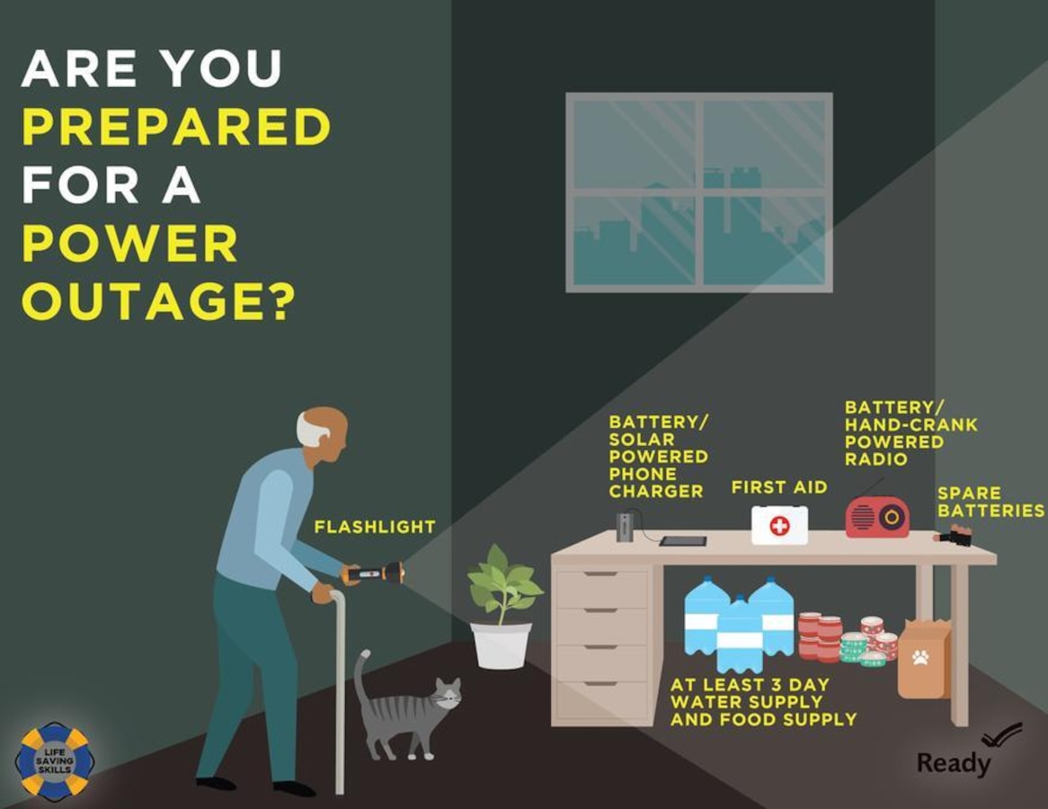Graphic shows various emergency supplies on a table and a person with a cat with the text: Are you prepared for a power outage?