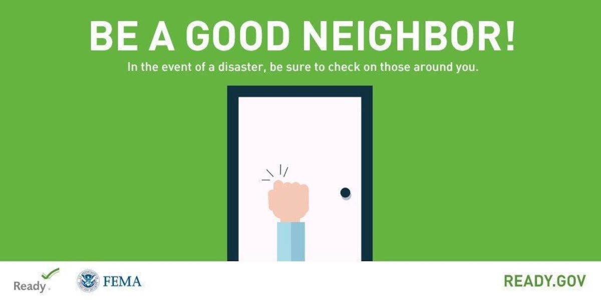 Graphic of a hand knocking on a door with the text: Be a Good Neighbor.