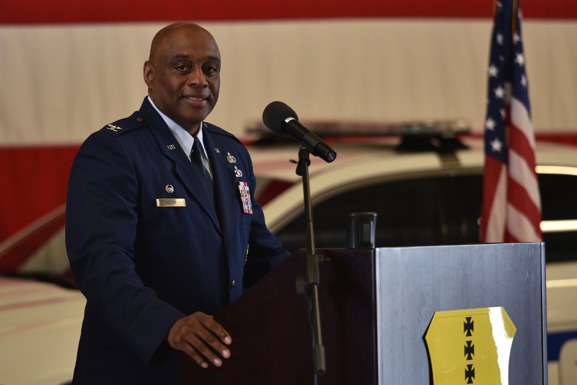 U.S. Air Force Col. Eugene Moore III, incoming 17th Mission Support Group commander, speaks during the change of command ceremony on Goodfellow Air Force Base, Texas, June 23, 2021. The 17th MSG provides installation support and services necessary to train, develop, and inspire the future force. (U.S. Air Force photo by Senior Airman Ashley Thrash)