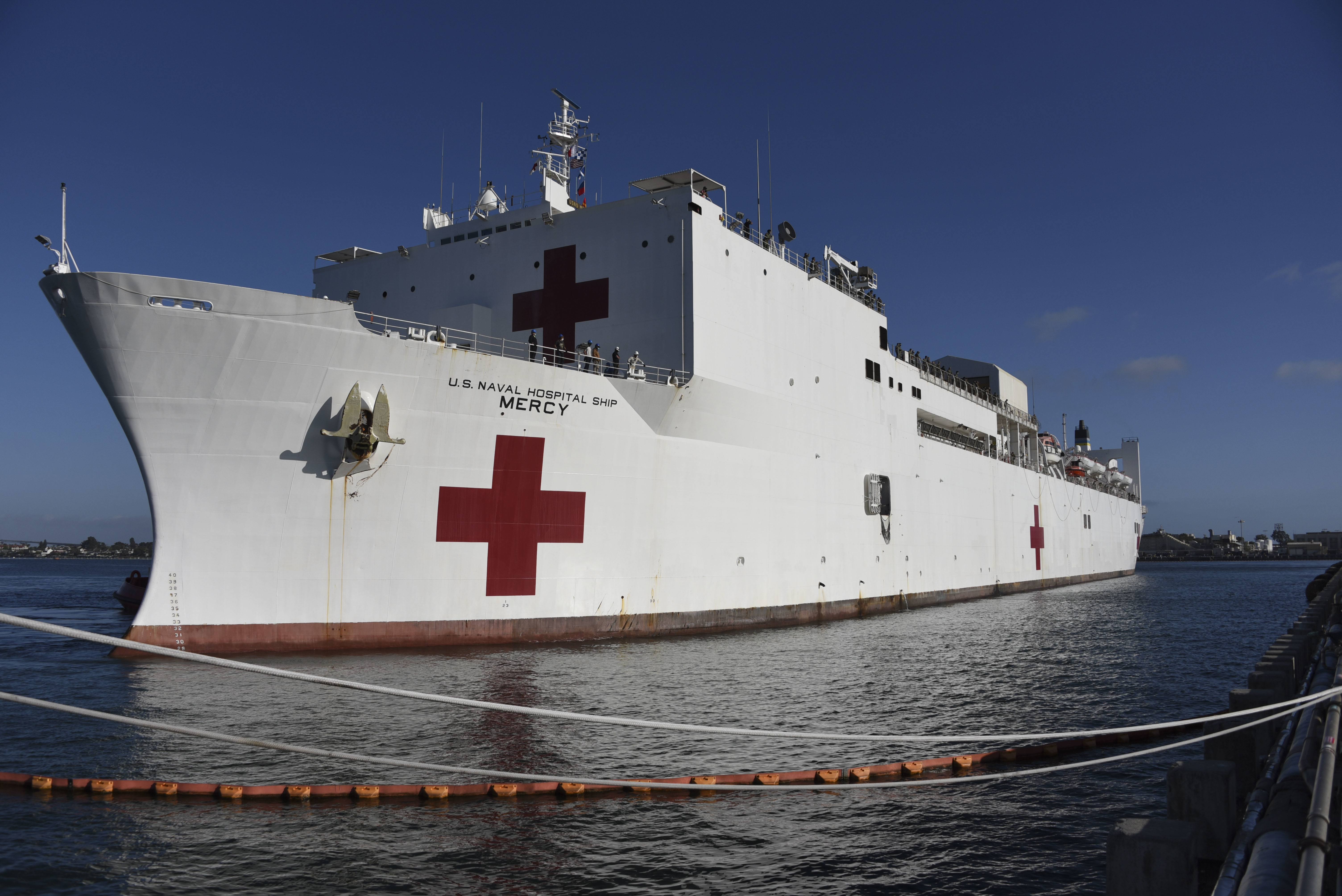 SAN DIEGO (May 15, 2020) -- Hospital ship USNS Mercy (T-AH 19) arrives in San Diego May 15. Mercy deployed in support of the nation's COVID-19 response efforts, and served as a referral hospital for non-COVID-19 patients admitted to shore-based hospitals. This allowed shore-based hospitals to focus their efforts on COVID-19 cases. One of the Department of Defense's missions is Defense Support of Civil Authorities. DoD is supporting the Federal Emergency Management Agency, the lead federal agency, as well as state, local and public health authorities in helping protect the health and safety of the American people. (U.S. Navy photo by Mass Communication Specialist 3rd Class Tim Heaps)