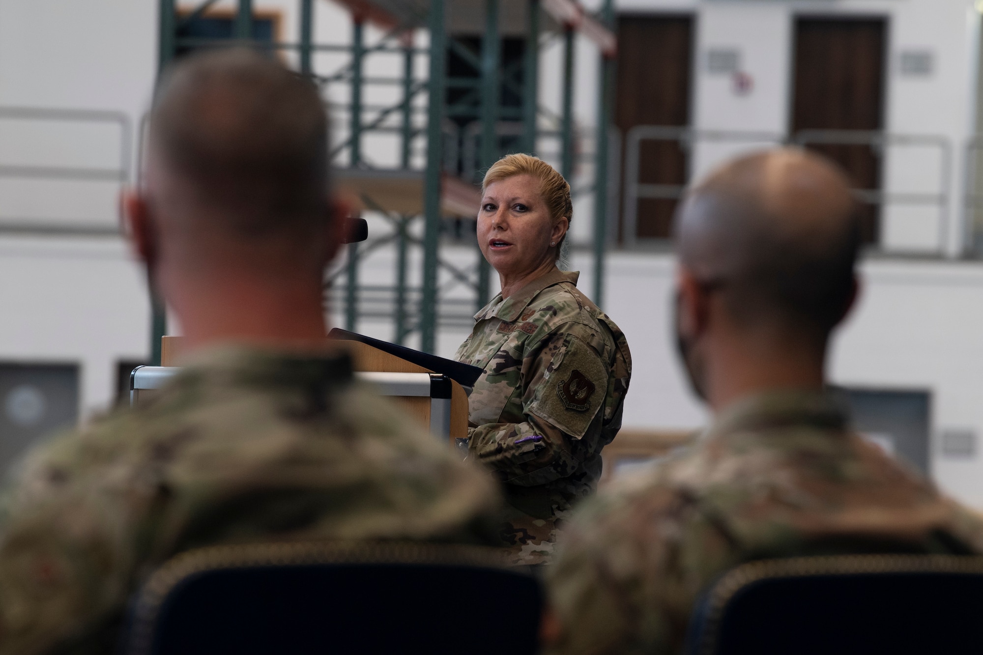 U.S. Air Force Col. Betsy Ross, 52nd Mission Support Group commander, speaks during the 52nd Logistics Readiness Squadron change of command ceremony.
