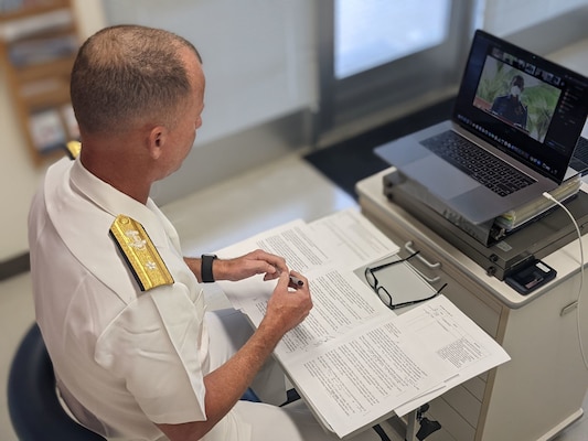 Rear Adm. Chris Engdahl, commander Expeditionary Strike Group 7, delivers remarks virtually during the opening ceremony for Cooperation Afloat and Readiness At Sea Training (CARAT) Sri Lanka. In its 27th year, the CARAT series is comprised of multinational exercises, designed to enhance U.S. and partner navies’ abilities to operate together in response to traditional and non-traditional maritime security challenges in the Indo-Pacific region.