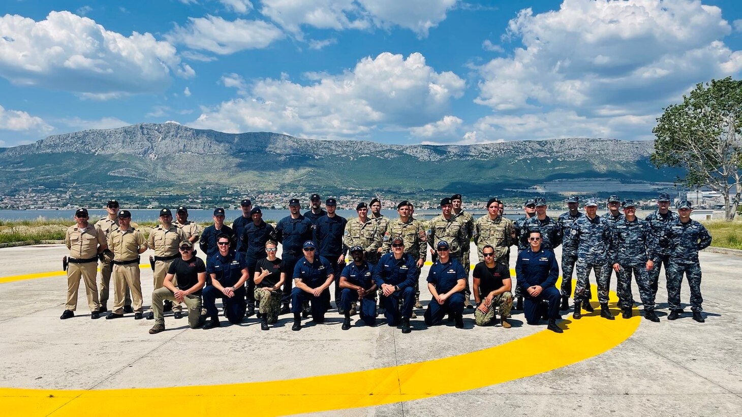 (June 11, 2021) Participating members from Albania, Croatia, Montenegro, Slovenia, and the U.S. pose for a group photo during the 4th annual Adriatic Partnership Maritime Interdiction Operations and Visit, Board, Search, and Seizure Event with the Croatian Navy in Split, Croatia, June 11, 2021. U.S. Naval Forces Europe-Africa, headquartered in Naples, Italy, Conducts the full spectrum of joint and naval operations, often in concert with allied and interagency partners in order to advance U.S. national interests and security and stability in Europe and Africa.