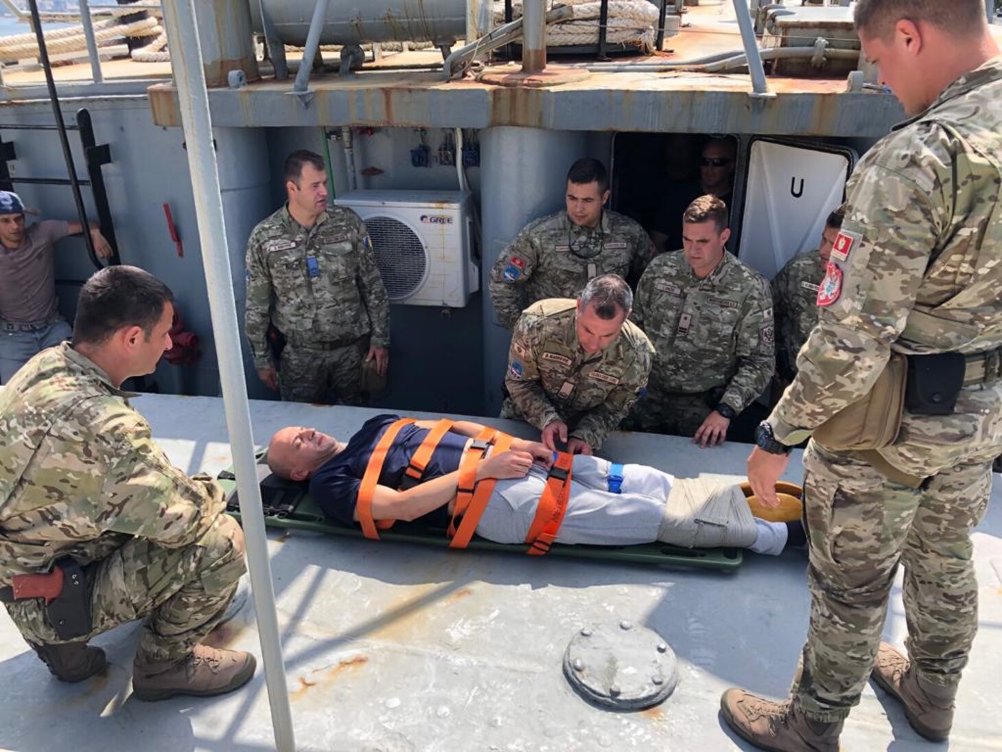 (June 11, 2021) Participating members from Albania, Croatia, Montenegro, Slovenia, and the U.S. conduct medical training during the 4th annual Adriatic Partnership Maritime Interdiction Operations and Visit, Board, Search, and Seizure Event with the Croatian Navy in Split, Croatia, June 11, 2021. U.S. Naval Forces Europe-Africa, headquartered in Naples, Italy, Conducts the full spectrum of joint and naval operations, often in concert with allied and interagency partners in order to advance U.S. national interests and security and stability in Europe and Africa.