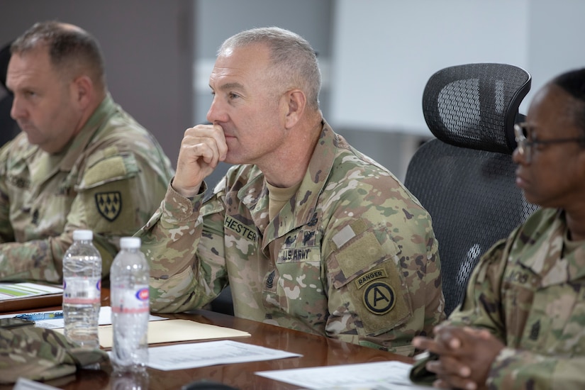 U.S. Army Command Sgt. Maj. Brian Hester, the senior enlisted advisor for U.S. Army Central, listens to a competitor’s response during the board event as part of the U.S. Army Central 2021 Best Warrior Competition, Camp Arifjan, Kuwait, June 23, 2021. Competitors were asked various questions from sergeants major, including vehicle maintenance, Army doctrine, and current events. (U.S. Army photo by Spc. Maximilian Huth, U.S. Army Central Public Affairs)