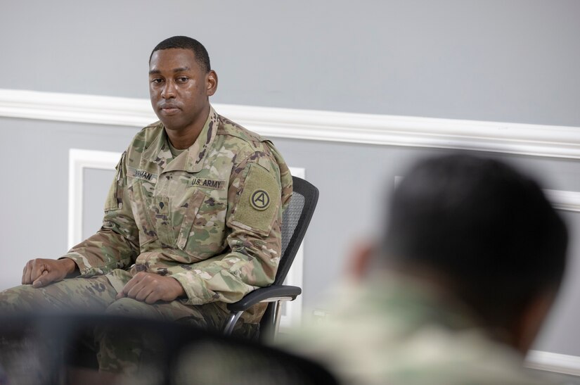 U.S. Army Spc. Khalil Norman, a financial management technician with 1st Theater Sustainment Command, listens to a question from the command sergeants major during the board event as part of the U.S. Army Central 2021 Best Warrior Competition, Camp Arifjan, Kuwait, June 23, 2021. Competitors were asked various questions from sergeants major, including vehicle maintenance, Army doctrine, and current events. (U.S. Army photo by Spc. Maximilian Huth, U.S. Army Central Public Affairs)