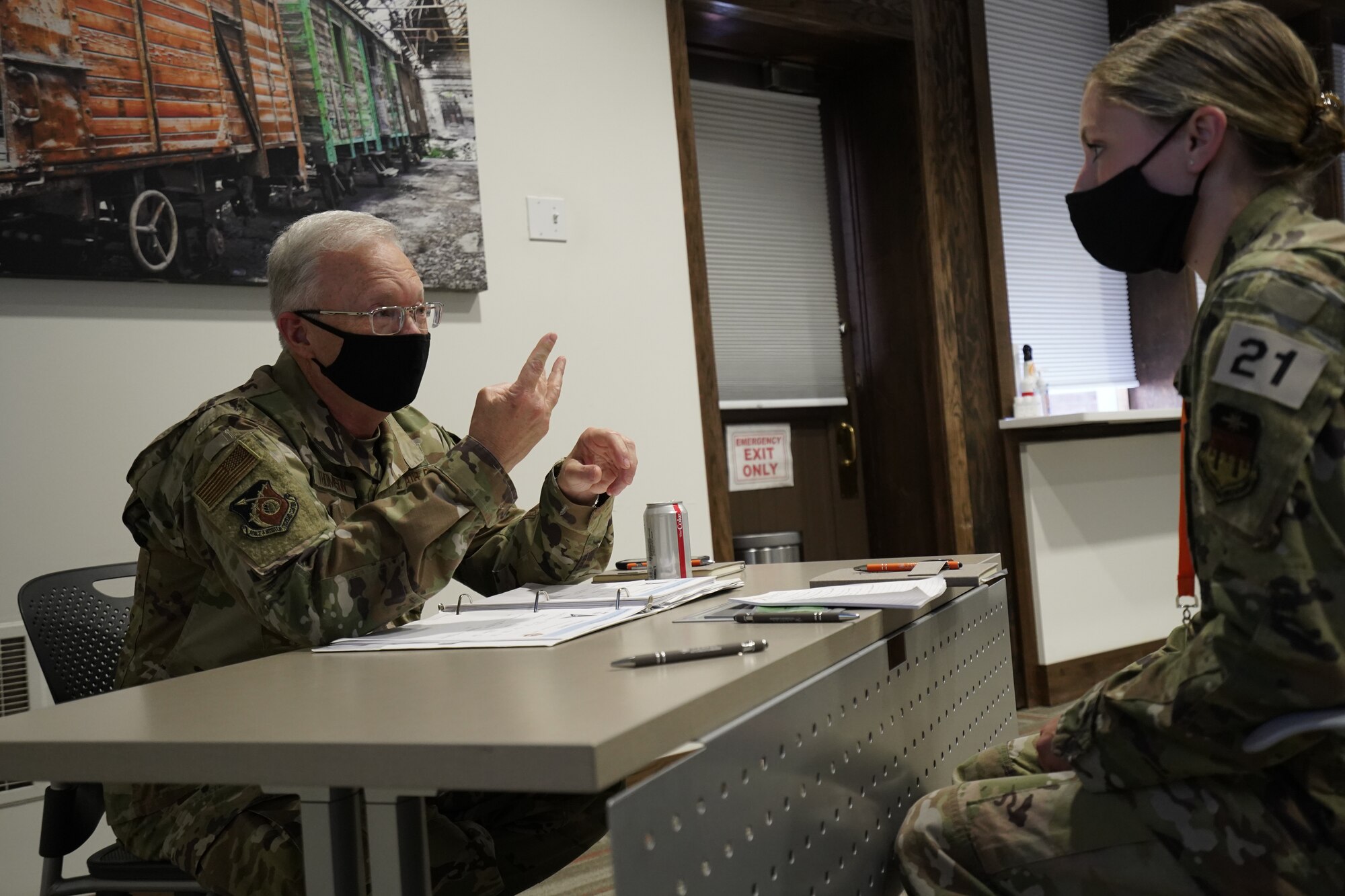 Lt. Gen. John F. Thompson, commander of the Space and Missile Systems Center at Los Angeles Air Force Base in El Segundo, Calif., mentors Cadet First Class Anna Holder during a speed mentoring session at the first-ever "USAFA 6X'r Welcome to USSF" at Catalyst Campus on May 19, 2021, in Colorado Springs, Colo. The event, hosted by the ECX’s Canopy team, consisted of opening remarks and "speed mentoring" sessions with 46 leaders across the U.S. Air Force and U.S. Space Force to share their personal knowledge and experience, positively impacting the overall mission by enhancing professional and personal development for future Guardians and leaders of the Space Force. This is the second class of cadets from the Air Force Academy to commission into the USSF. (U.S. Space Force courtesy photo)