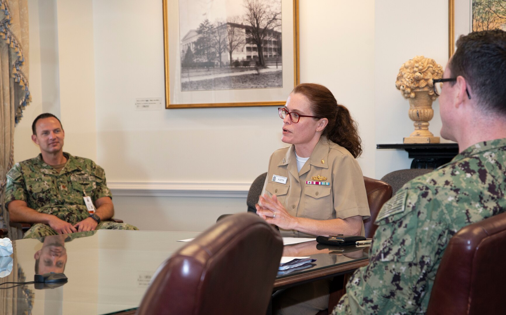 PORTSMOUTH, Va. (June 14, 2021) – Capt. Melissa Austin, Naval Medical Center Portsmouth’s (NMCP) executive officer, meets with staff to kick off the launch of 4DX, June 14.