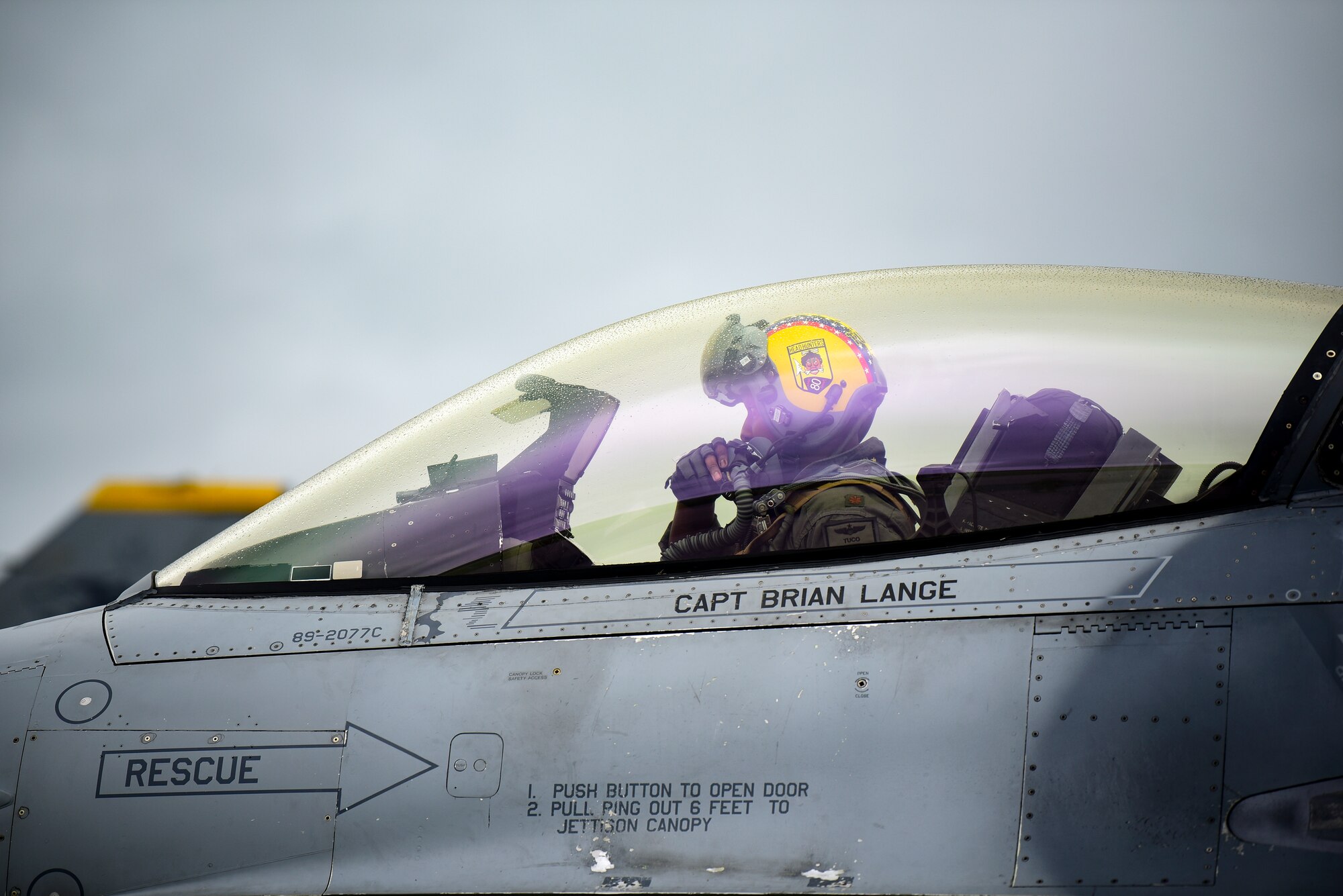 Maj. Chris “Tuco” Harrison, 80th Fighter Squadron assistant director of operations and chief of standards and evaluations, prepares to taxi during Red Flag-Alaska 21-2 at Eielson Air Force Base, Alaska, June 18, 2021. RF-A is a Pacific Air Forces-directed field training exercise designed to provide realistic air combat training for U.S. and allied forces. (U.S. Air Force photo by Senior Airman Suzie Plotnikov)