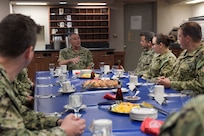 NAVAL STATION NORFOLK (June 23, 2021) Vice Adm. Roy Kitchener, Commander, Naval Surface Force, U.S. Pacific Fleet, speaks with officers aboard the Arleigh Burke-class guided missile-destroyer USS Winston S. Churchill (DDG 81) during a ship visit. Kitchener visited Hampton Roads commands and ships June 22-23, and hosted a commander’s call with waterfront leadership. (U.S. Navy photo by Mass Communication Specialist 2nd Class Jacob Milham/Released)