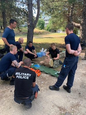 (June 11, 2021) Participating members from Albania, Croatia, Montenegro, Slovenia, and the U.S. conduct medical training during the 4th annual Adriatic Partnership Maritime Interdiction Operations and Visit, Board, Search, and Seizure Event with the Croatian Navy in Split, Croatia, June 11, 2021. U.S. Naval Forces Europe-Africa, headquartered in Naples, Italy, Conducts the full spectrum of joint and naval operations, often in concert with allied and interagency partners in order to advance U.S. national interests and security and stability in Europe and Africa. (U.S. Navy courtesy photo/Released)