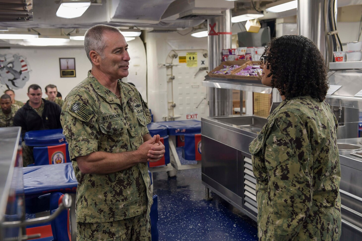 NAVAL STATION NORFOLK (June 23, 2021) Vice Adm. Roy Kitchener, Commander, Naval Surface Force, U.S. Pacific Fleet, speaks with Hospitalman Shakeelah Jordan aboard the Arleigh Burke-class guided missile-destroyer USS Winston S. Churchill (DDG 81) during a ship visit. Kitchener visited Hampton Roads commands and ships June 22-23, and hosted a commander’s call with waterfront leadership. (U.S. Navy photo by Mass Communication Specialist 2nd Class Jacob Milham/Released)