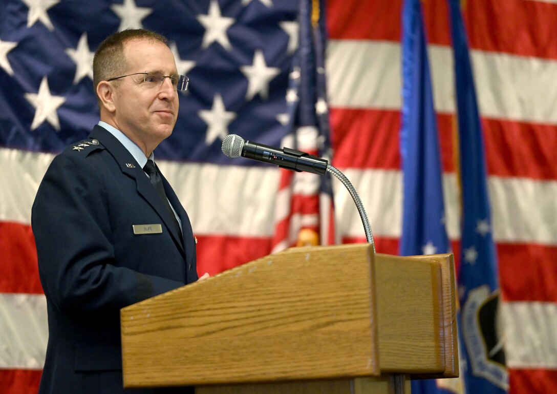 Lieutenant General Jim Slife, commander of Air Force Special Operations Command, speaks during the AFSOC Operations Center change of command ceremony at Hurlburt Field, Fla., June 24, 2021. AFSOC provides Air Force special operations forces for worldwide deployment and assignment to unified combatant commanders. The command has approximately 20,800 active-duty, Reserve, Air National Guard and civilian professionals. (U.S. Air Force photo by Senior Airman Brandon Esau)