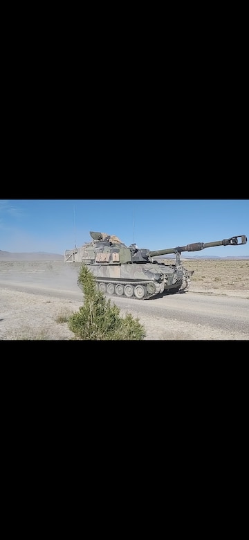 A Paladin with the 145th Field Artillery Battalion drives by at Dugway Proving Ground, June 12, 2021. The battalion was demonstrating fires capabilities during annual training for the media to observe