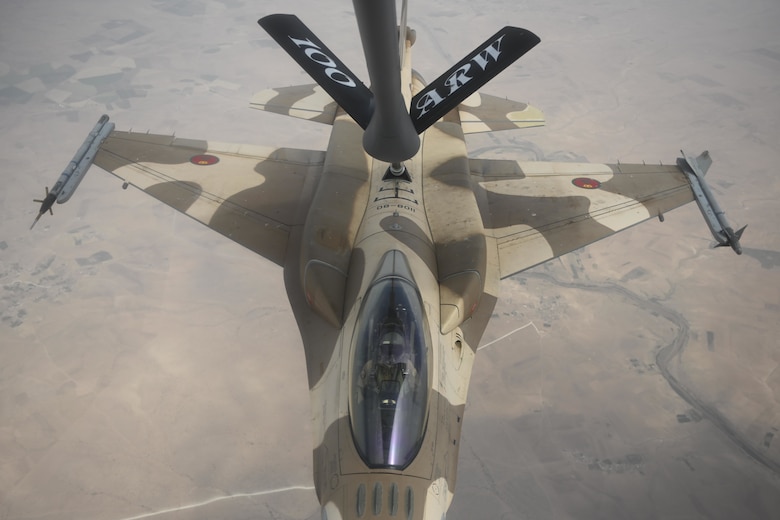 A Royal Moroccan Air Force F-16 Fighting Falcon aircraft refuels with a U.S. Air Force KC-135 Stratotanker aircraft over Morocco during exercise African Lion 2021, June 15, 2021. African Lion is U.S. Africa Command's largest, premier, joint, annual exercise hosted by Morocco, Tunisia and Senegal. More than 7,000 participants from nine nations and NATO train together with a focus on enhancing readiness for U.S. and partner nation forces. (U.S. Air Force photo by Senior Airman Joseph Barron)