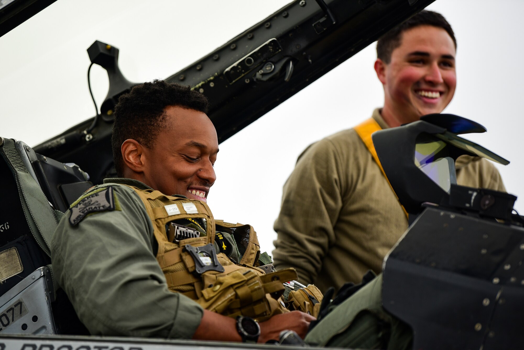 Maj. Chris “Tuco” Harrison, 80th Fighter Squadron assistant director of operations and chief of standards and evaluations, left, and Senior Airman Kodi Vigil, 80th Aircraft Maintenance Unit crew chief, Kunsan Air Base, Republic of Korea, work together to prepare an F-16 Fighting Falcon for launch during Red Flag-Alaska 21-2 at Eielson Air Force Base, Alaska, June 18, 2021. RF-A is a Pacific Air Forces-directed field training exercise designed to provide realistic air combat training for U.S. and allied forces. (U.S. Air Force photo by Senior Airman Suzie Plotnikov)
