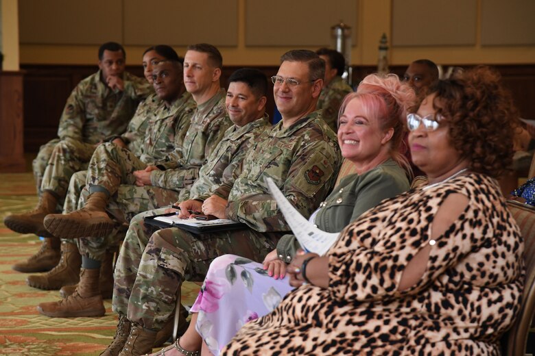 Keesler personnel attend a Juneteenth ceremony inside the Bay Breeze Event Center at Keesler Air Force Base, Mississippi, June 23, 2021. June 19, other wise known as Juneteenth, is an annual observance of the emancipation of slaves in the state of Texas. (U.S. Air Force photo by Kemberly Groue)