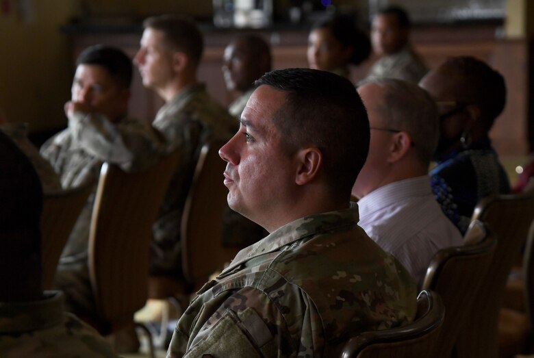 U.S. Air Force Senior Master Sgt. Robert Bateman, 81st Training Wing Commanders Action Group team member,  attends a Juneteenth ceremony inside the Bay Breeze Event Center at Keesler Air Force Base, Mississippi, June 23, 2021. June 19, other wise known as Juneteenth, is an annual observance of the emancipation of slaves in the state of Texas. (U.S. Air Force photo by Kemberly Groue)