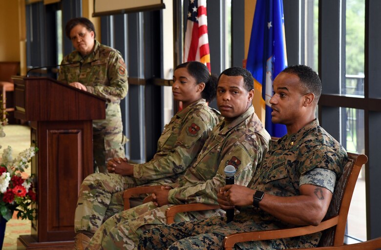 Keesler personnel participate in a discussion panel during a Juneteenth ceremony inside the Bay Breeze Event Center at Keesler Air Force Base, Mississippi, June 23, 2021. June 19, other wise known as Juneteenth, is an annual observance of the emancipation of slaves in the state of Texas. (U.S. Air Force photo by Kemberly Groue)