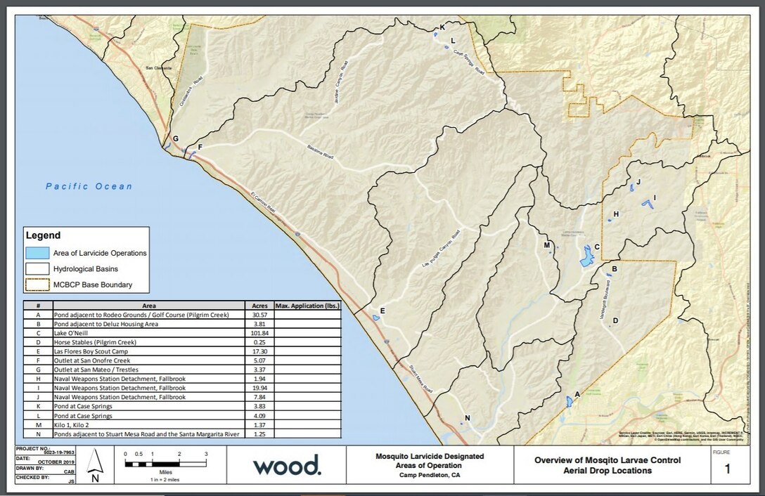 The Environmental Security Department aboard Marine Corps Base Camp Pendleton provides a map of the 2020 Camp Pendleton mosquito larvicide designated areas of operation.