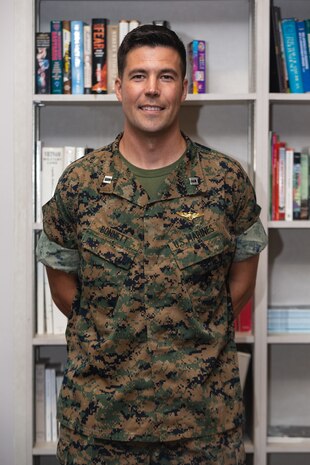 U.S. Marine Capt. Tyler Bonnett, an F-35B Lightning II pilot with Marine Operational Test Evaluation Squadron 1, poses for a portrait photo while attending the Expeditionary Warfare School Blended Seminar Program on Marine Corps Air Station Camp Pendleton, California, May 25, 2021. The EWSBSP teaches students the various aspects of leading a Marine Air Ground Task Force. Bonnett is a native of Pierre, South Dakota. (U.S. Marine Corps photo by Lance Cpl. Hope Straley)
