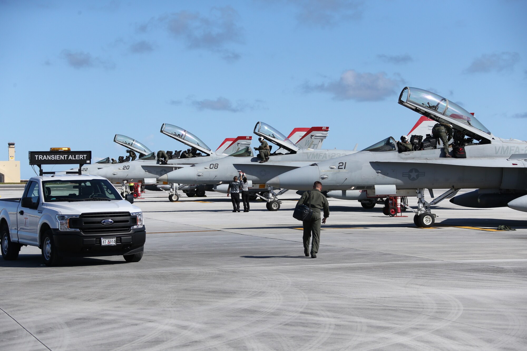 Marine Fighter Attack Squadron 232 arrives on Andersen Air Force Base, Guam to conduct training and participate in regional exercises, June 16, 2021. The training and exercises enable the squadron to increase operational readiness, improve interoperability and meet training requirements. Marine Corps Base Camp Blaz supports the squadron by providing them aviation hangars and spaces to perform maintenance and repair aircraft. MCB Camp Blaz continues to support units in the region by providing critical administrative and logistical support enabling them conduct training and maintain readiness. (U.S. Marine Corps Photo by Gunnery Sgt. John Ewald)