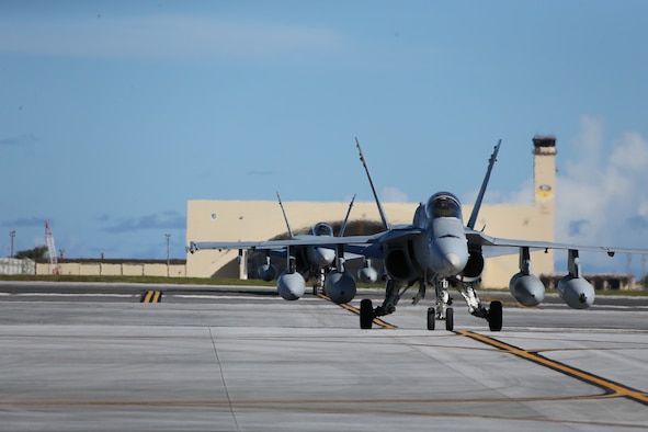 Marine Fighter Attack Squadron 232 arrives on Andersen Air Force Base, Guam to conduct training and participate in regional exercises, June 16, 2021. The training and exercises enable the squadron to increase operational readiness, improve interoperability and meet training requirements. Marine Corps Base Camp Blaz supports the squadron by providing them aviation hangars and spaces to perform maintenance and repair aircraft. MCB Camp Blaz continues to support units in the region by providing critical administrative and logistical support enabling them conduct training and maintain readiness. (U.S. Marine Corps Photo by Gunnery Sgt. John Ewald)