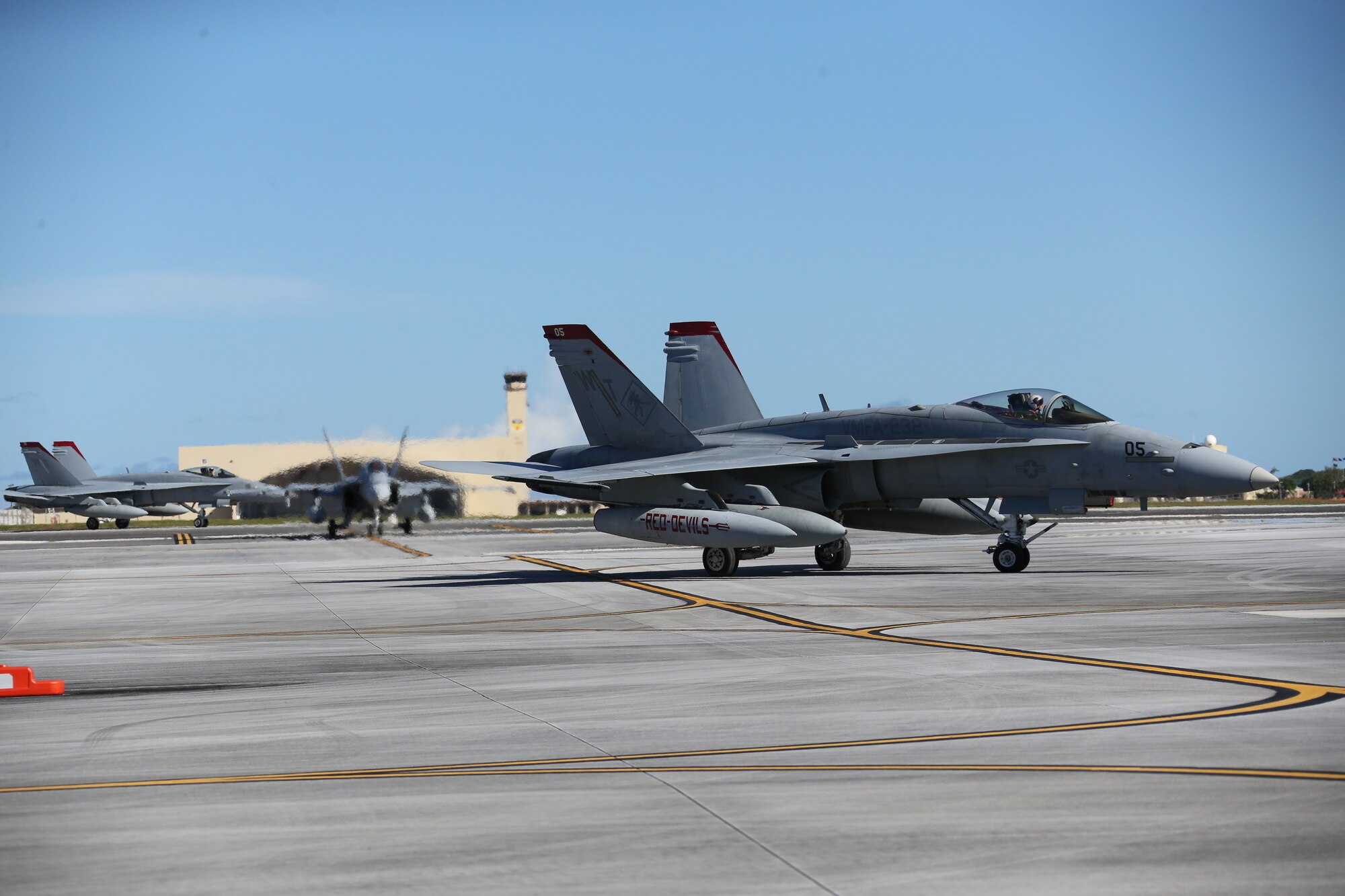 Marine Fighter Attack Squadron 232 arrives on Andersen Air Force Base, Guam to conduct training and participate in regional exercises, June 16, 2021. The training and exercises enable the squadron to increase operational readiness, improve interoperability and meet training requirements. Marine Corps Base Camp Blaz supports the squadron by providing them aviation hangars and spaces to perform maintenance and repair aircraft. MCB Camp Blaz continues to support units in the region by providing critical administrative and logistical support enabling them conduct training and maintain readiness.  (U.S. Marine Corps Photo by Gunnery Sgt. John Ewald)