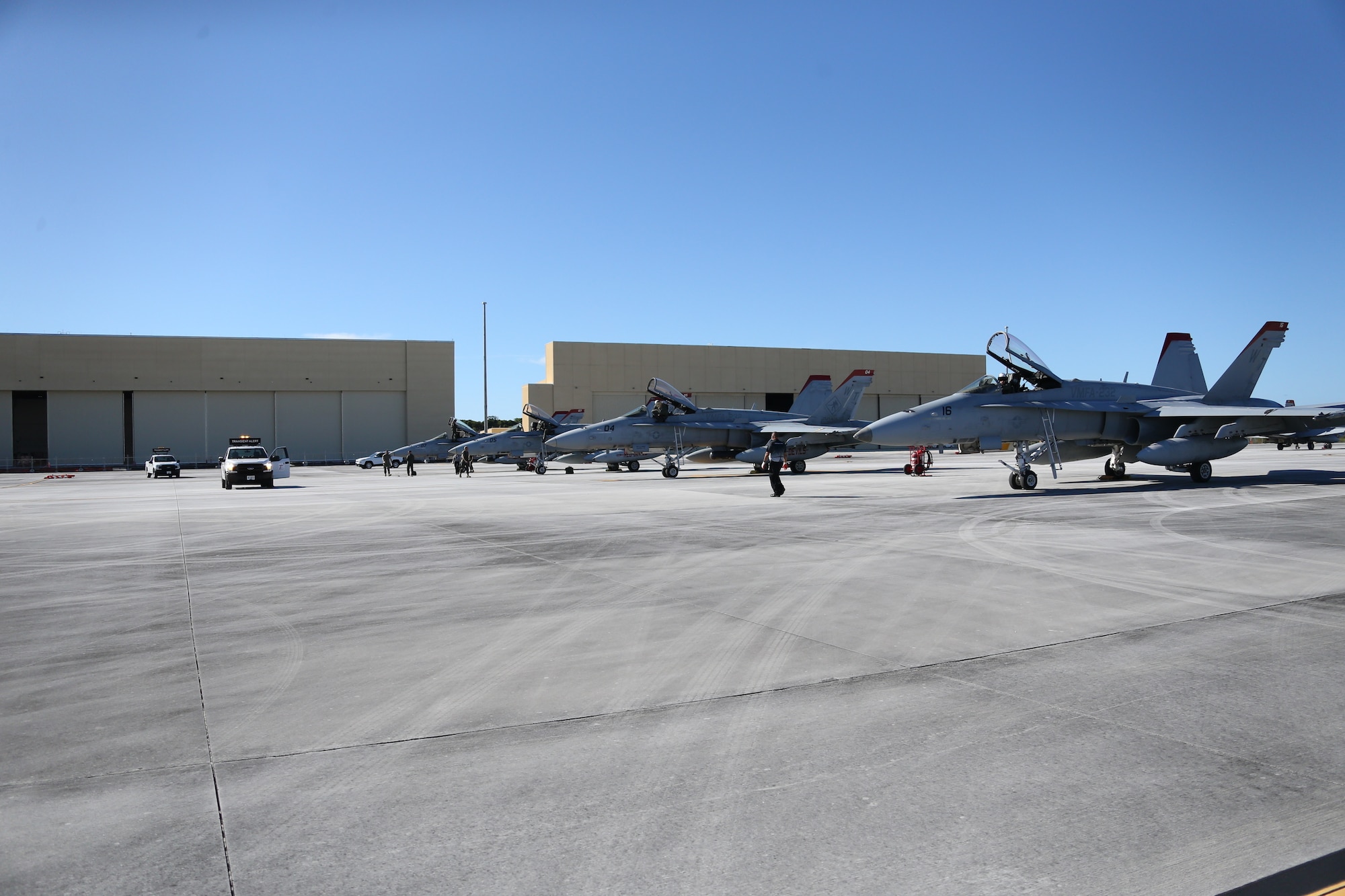 Marine Fighter Attack Squadron 232 arrives on Andersen Air Force Base, Guam to conduct training and participate in regional exercises, June 16, 2021. The training and exercises enable the squadron to increase operational readiness, improve interoperability and meet training requirements. Marine Corps Base Camp Blaz supports the squadron by providing them aviation hangars and spaces to perform maintenance and repair aircraft. MCB Camp Blaz continues to support units in the region by providing critical administrative and logistical support enabling them conduct training and maintain readiness. (U.S. Marine Corps Photos by Gunnery Sgt. John Ewald)