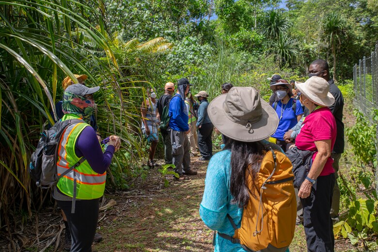 Sheeka Tareyaman, a Naval Facilities Engineering Systems Command (NAVFAC) Marianas employee at Marine Corps Base (MCB) Camp Blaz, briefs Marianas Terrestrial Conservation Conference participants during a visit to the MCB Camp Blaz North Finegayan Forest Enhancement Site, June 17, 2021.