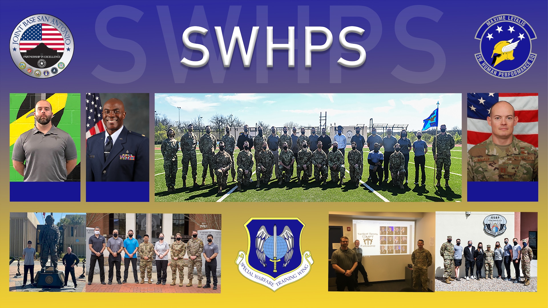 Graphic image displaying several group photos of the Human Performance Squadron.