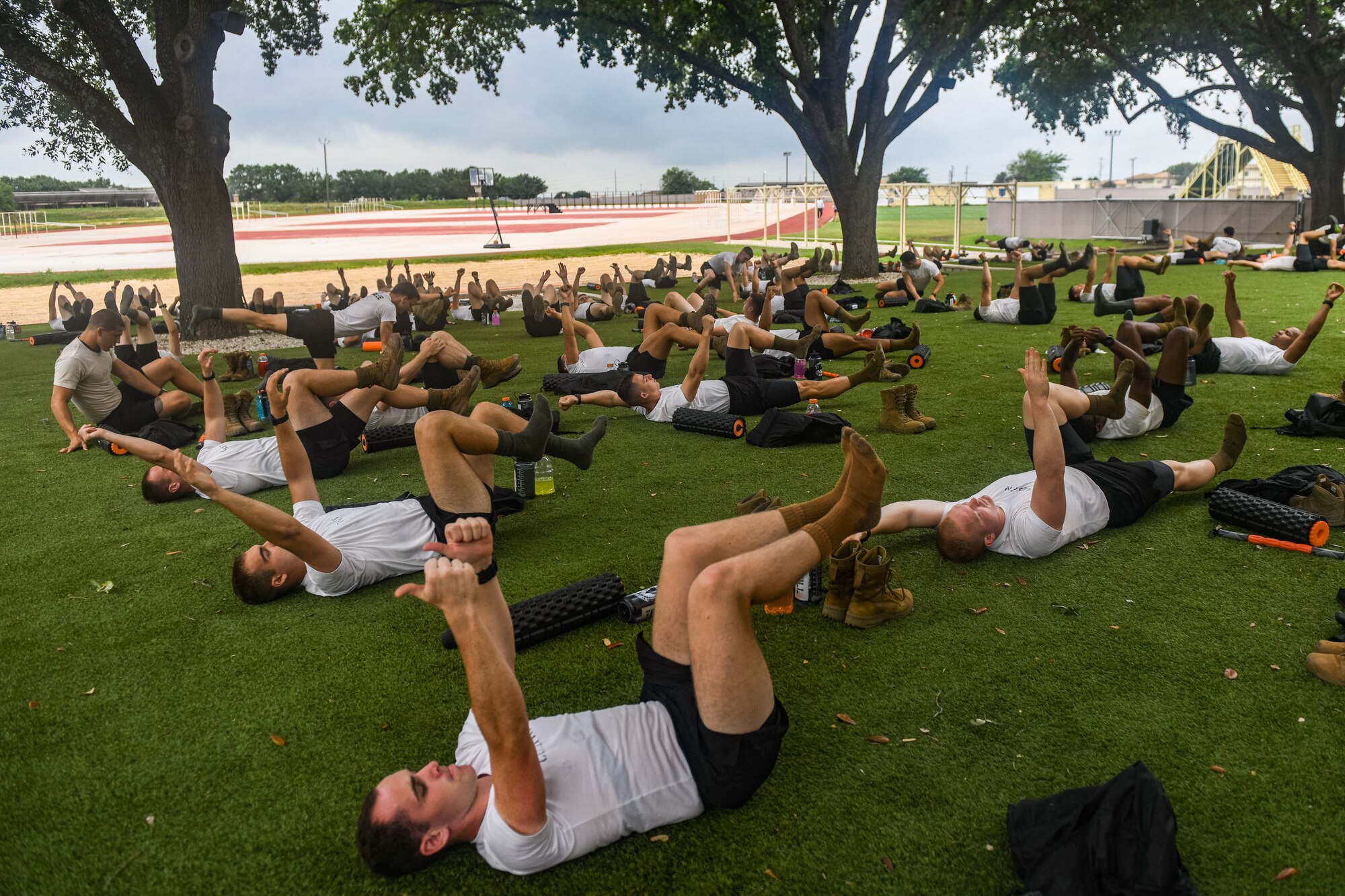 Students performing yoga exercises.