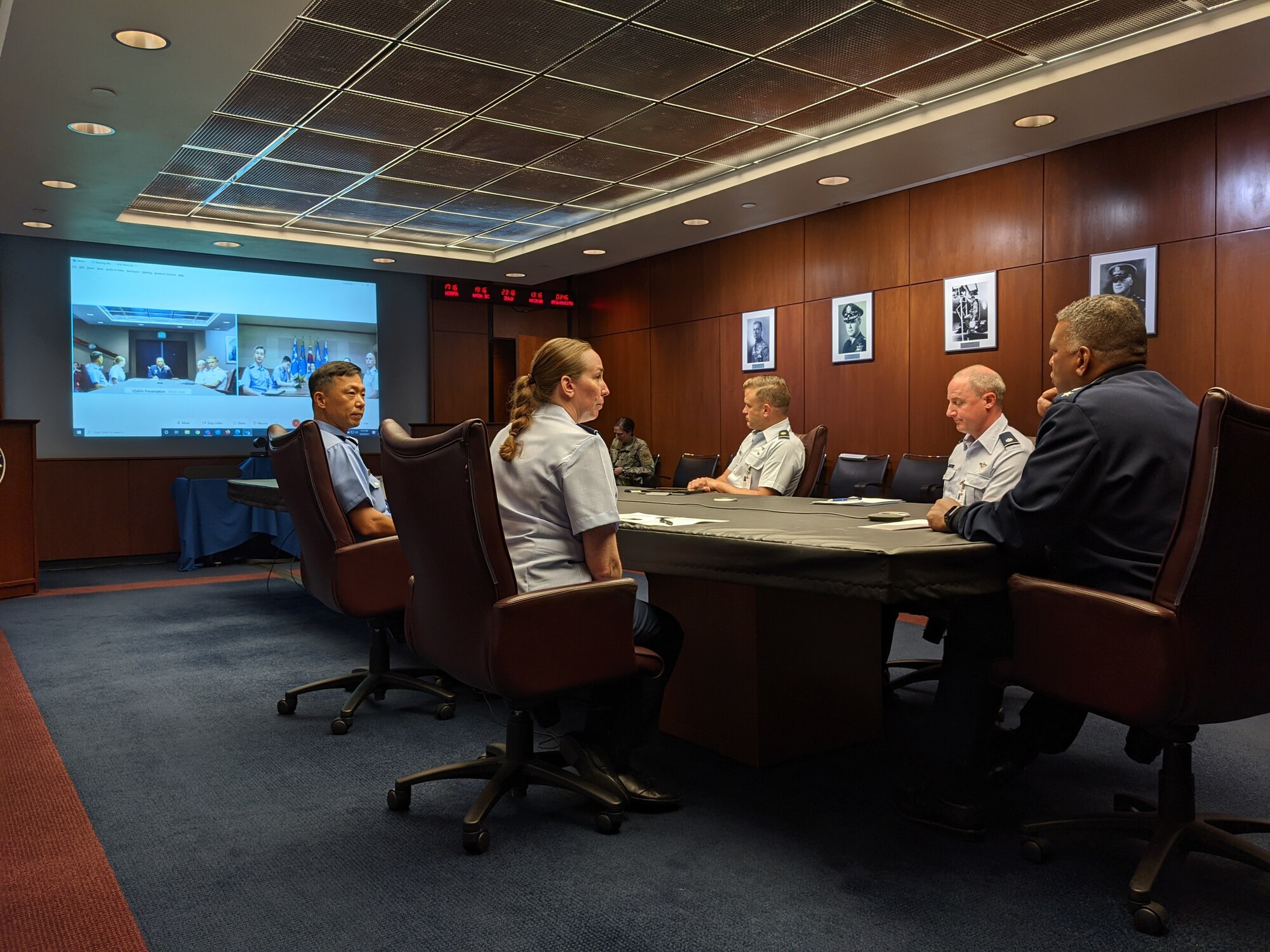 U.S. Air Force Academy Superintendent Lt. Gen. Richard Clark (right) chats via livestream with Lt. Gen. Sung Chun Choi, superintendent of the Republic of Korea air force academy.