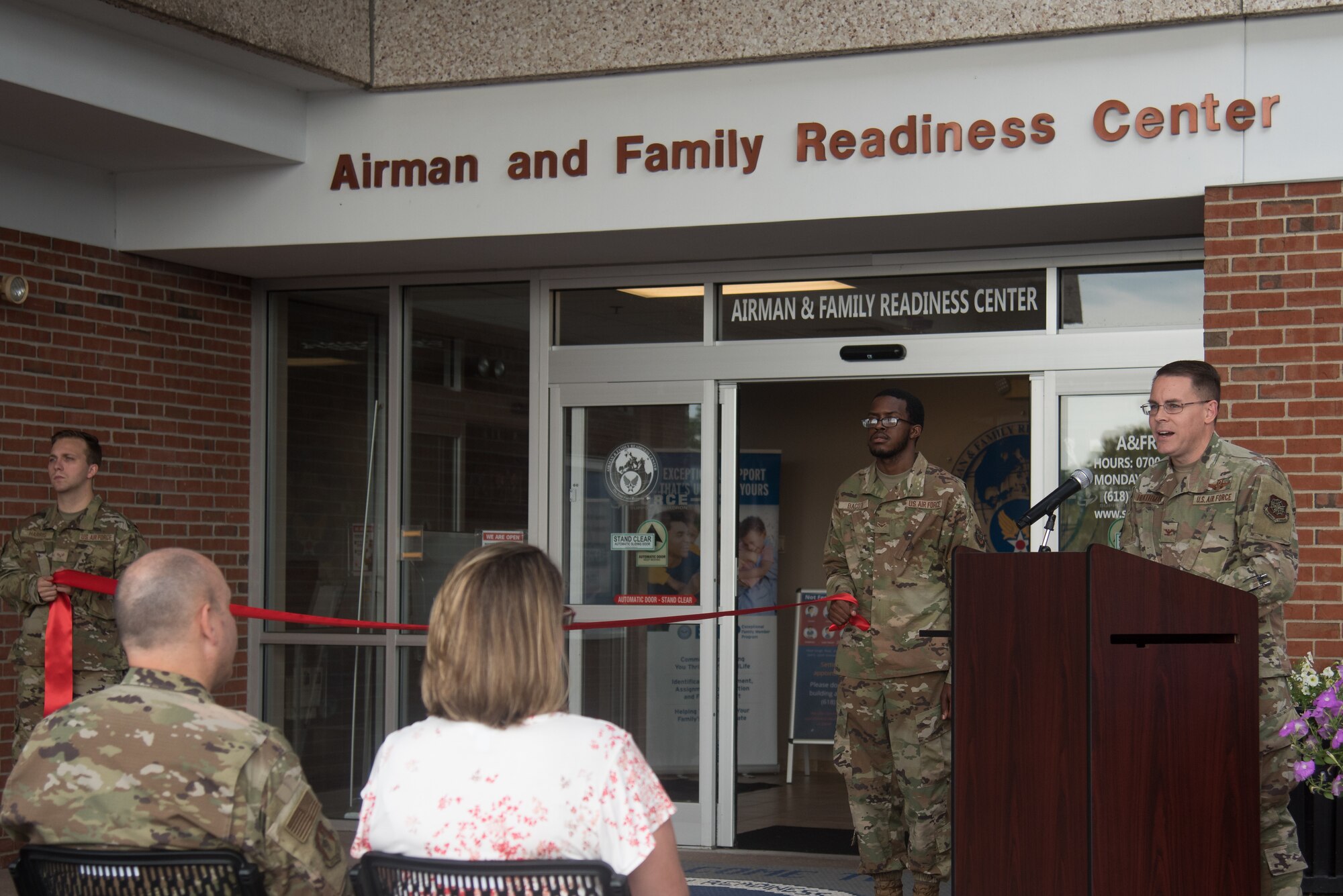 U.S. Air Force Col. J. Scot Heathman, 375th Air Mobility Wing commander, speaks at the opening of the Exceptional Family Member Program One Stop on Scott Air Force Base, Illinois, June 24, 2021. The EFMP was a collaborative effort across Scott AFB to produce a helpful way to serve families of Team Scott. (U.S. Air Force photo by Airman 1st Class Mark Sulaica)