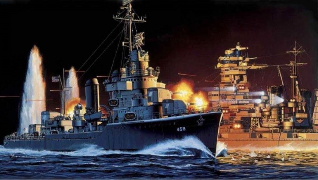 Navy Art Collection painting depicting destroyer Laffey just after she has crossed under the Japanese battleship Hiei’s bow and is engaging the battleship with 5-inch and 20-mm guns—and sidearms—at near-point-blank range on 13 November 1942 off Guadalcanal.