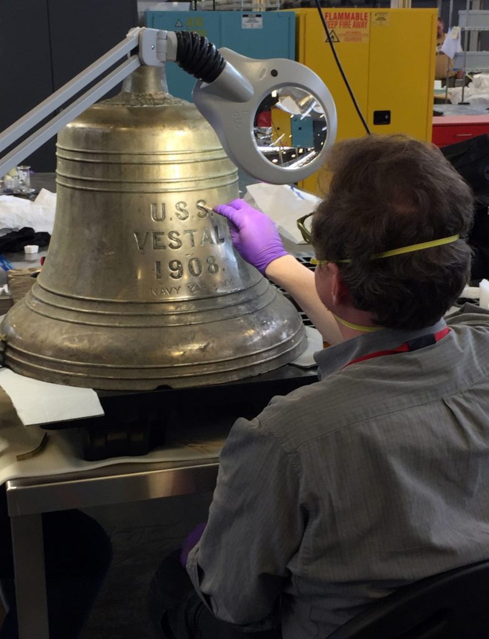 WWII U.S. NAVY SHIP'S BRASS BELL MOUNTED ON WOOD PLAQUE