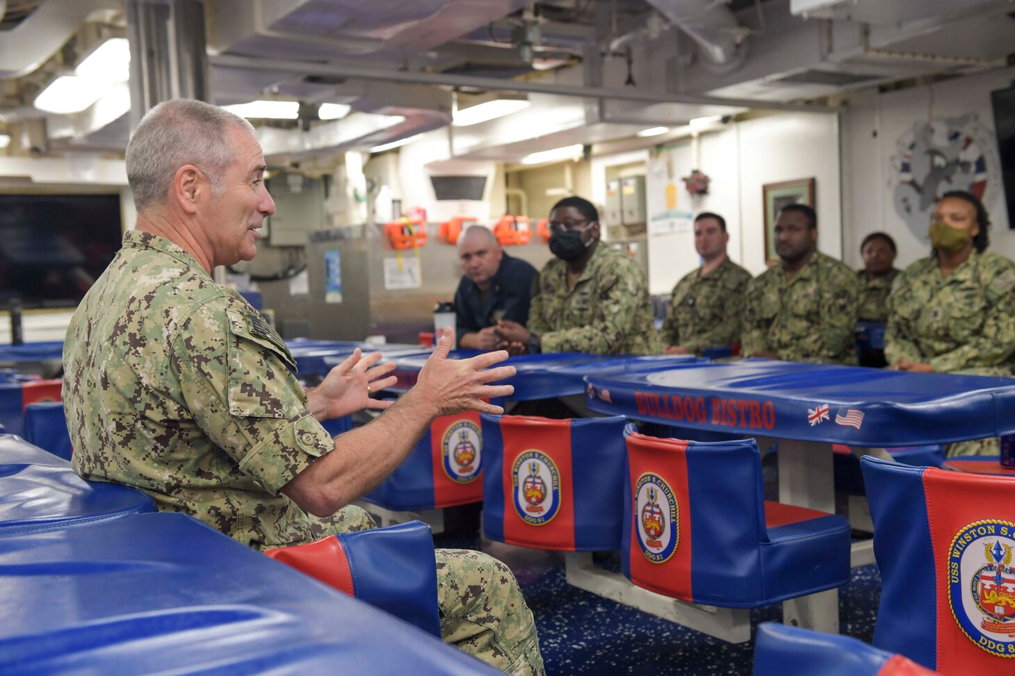 NAVAL STATION NORFOLK (June 23, 2021) Vice Adm. Roy Kitchener, Commander, Naval Surface Force, U.S. Pacific Fleet, speaks with enlisted leaders aboard the Arleigh Burke-class guided missile-destroyer USS Winston S. Churchill (DDG 81) during a ship visit. Kitchener visited Hampton Roads commands and ships June 22-23, and hosted a commander’s call with waterfront leadership. (U.S. Navy photo by Mass Communication Specialist 2nd Class Jacob Milham/Released)
