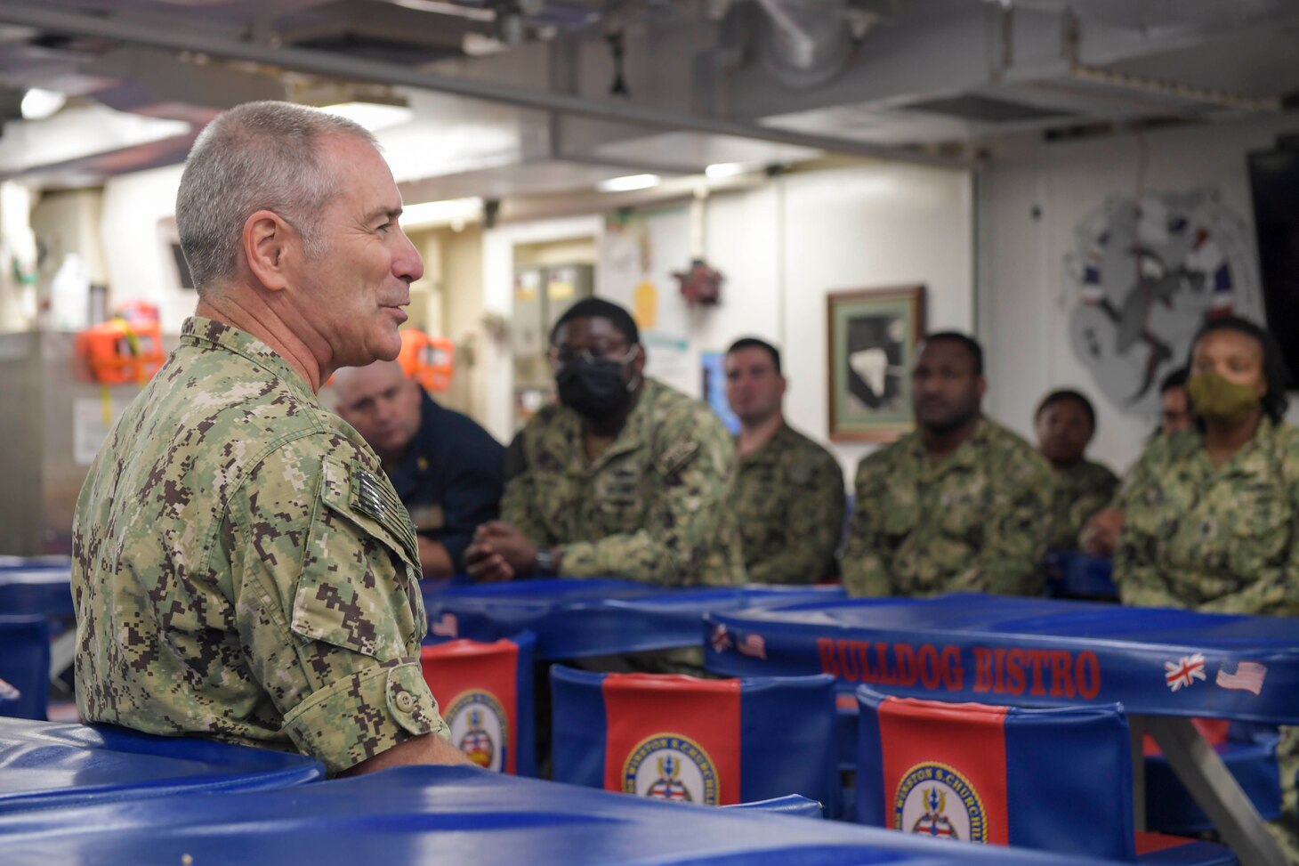 NAVAL STATION NORFOLK (June 23, 2021) Vice Adm. Roy Kitchener, Commander, Naval Surface Force, U.S. Pacific Fleet, speaks with enlisted leaders aboard the Arleigh Burke-class guided missile-destroyer USS Winston S. Churchill (DDG 81) during a ship visit. Kitchener visited Hampton Roads commands and ships June 22-23, and hosted a commander’s call with waterfront leadership. (U.S. Navy photo by Mass Communication Specialist 2nd Class Jacob Milham/Released)