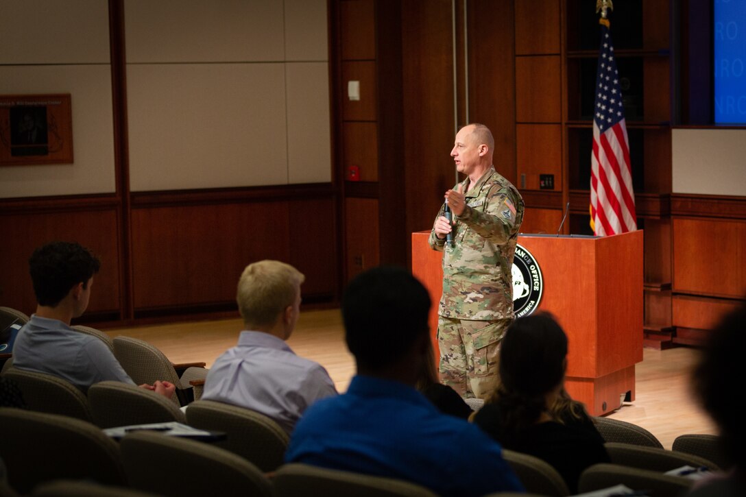 Maj. Gen. Gutlein addresses the second class of the NRO student internship program (June 9, 2021)