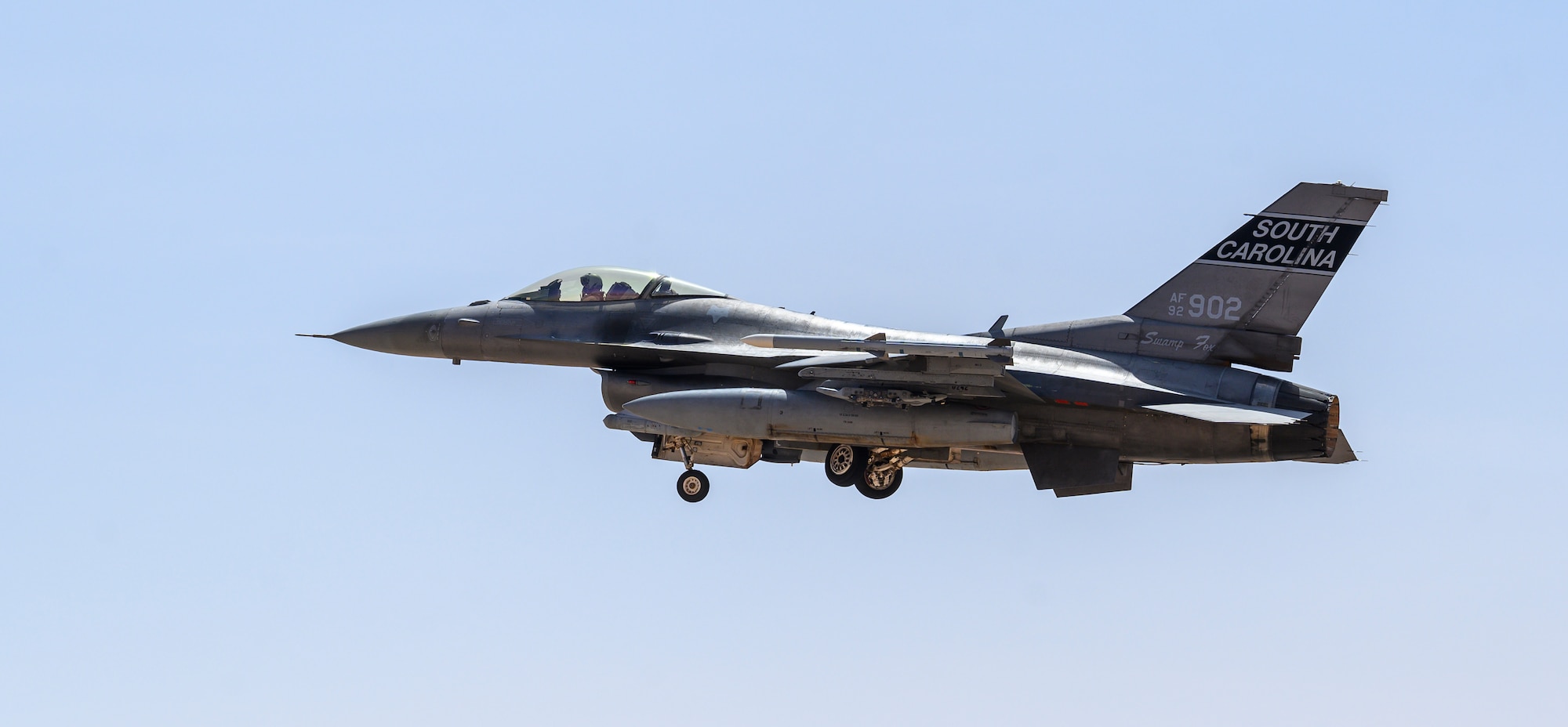 U.S. Air Force Brig. Gen. Robert Davis, 378th Air Expeditionary Wing commander, takes-off in a U.S. Air Force F-16 Fighting Falcon from Prince Sultan Air Base, Kingdom of Saudi Arabia, June 20, 2021. Davis, a trained fighter pilot, flew a sortie with the 157th “Swamp Fox” Expeditionary Fighter Squadron, currently deployed to PSAB to bolster defensive capabilities against potential threats in the region. (U.S. Air Force photo by Senior Airman Samuel Earick)