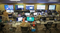 JOINT BASE LANGLEY-EUSTIS, Va. (June 24, 2021) Joint Task Force Civil Support joint operations center watch standers participate in hurricane and all-hazards contingency operations training during Exercise Lightning Response on Fort Eustis, Virginia, June 24, 2021.