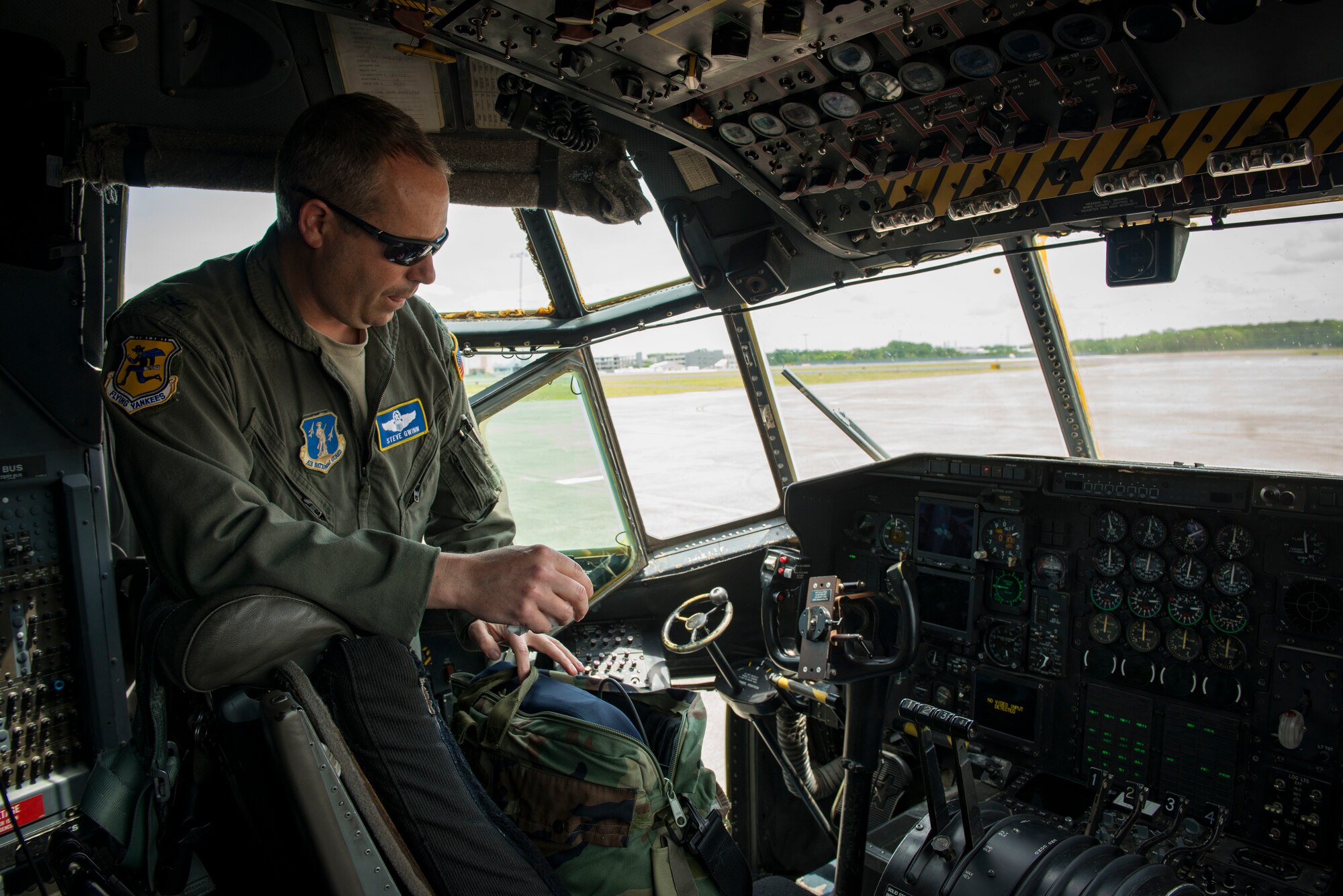 Air Force Col. Stephen R. Gwinn, 103rd Airlift Wing Commander, discusses differences between the C-130H1 and C-130H3 aircraft, June 2, 2021 at Bradley Air National Guard Base, Connecticut. The Connecticut Air National Guard received H3 model C-130s as part of a plan to upgrade the unit's fleet of aircraft. (U.S. Air National Guard photo by Master Sgt. Tamara R. Dabney)